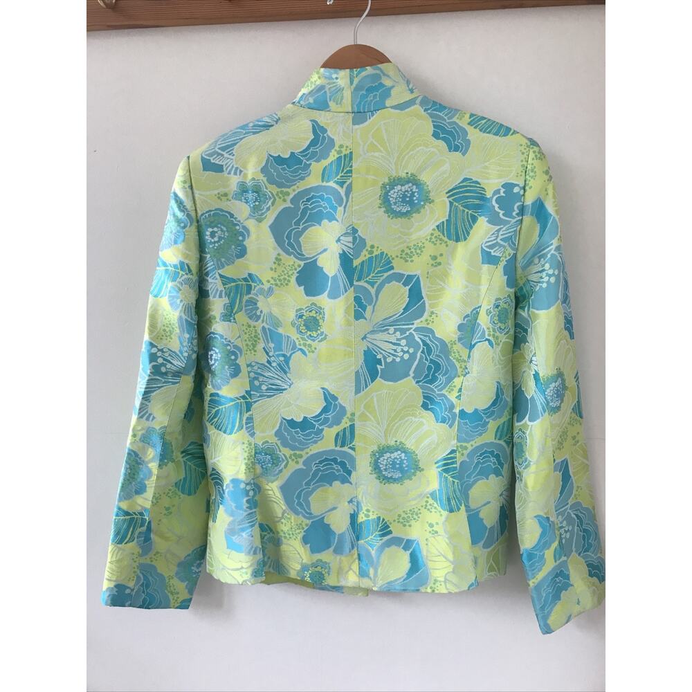 Flores Flores Blue Green Asian Chinese Style Floral Open Jacket Blazer 10 40" - Picture 6 of 8